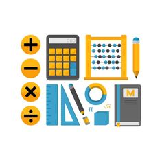 a calculator, pencil, ruler and other office supplies are arranged in a flat style