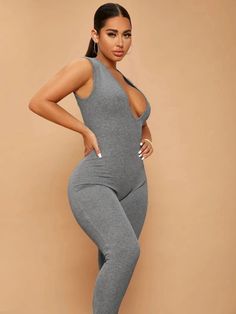 Long V-Neck Sleeveless Long Bottoms Jumpsuit Slight Stretch Rib Knit 95% Viscose 5% Elastane Plain Jumpsuits, Comfy Jumpsuits, Chunky Heel Pumps, Black And White Baby, Plunging Neck, Party Heels, Black Hot Pink, Platform Heels Chunky, How To Stretch Boots