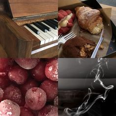 some food is sitting in a box on top of a table and next to a piano