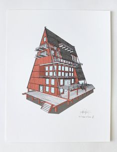 a drawing of a red house with windows and stairs on the roof, in front of a white background