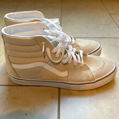 High Top Vans Suede Tan Never Worn Outside Size 9 Men, 10.5 Women Cream Vans High Tops, Vans High-top Cushioned Canvas Shoes, Vans High-top Cotton Canvas Shoes, Vans Brown High-top Sneakers, Vans High Tops, Tan Vans, High-top Vans Skate Shoes With Textured Sole, Vans High, Vans Suede