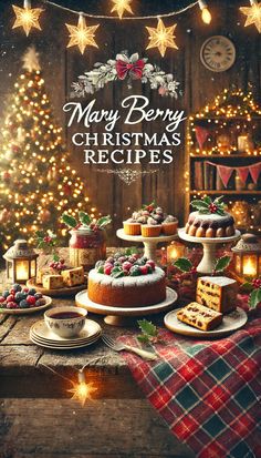 a merry christmas card with cakes and other desserts on a table in front of a tree