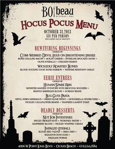 an old - fashioned halloween menu with bats and tombstones