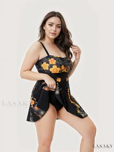 Lasaky - Womens Plus Size Floral Print Bikini Set - Medium Stretch Vacation Boho Bathing Suit Ensemble - Exquisite Beachwear for the Curvy Modern Woman Floral Print Triangle Top Tankini For Swimming, Hawaiian Fitted Tankini For Vacation, One-piece Swim Skirt For Beachwear, Hawaiian Style Sleeveless Tankini For Swimming, Fitted Hawaiian Tankini For Beach Party, Printed One-piece Swim Dress For The Beach, Black Tropical Print Swimwear For Vacation, Tropical Printed Swim Dress For Pool, Fitted Floral Print Swimwear For The Beach