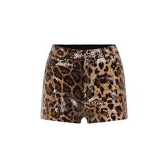 Leopard print mini shorts made of stretchy sequin fabric. It is lined. Style Tip: Wear it with Aurora shirt Dry Clean Only Chic Fitted Sequin Shorts, Glamorous Fitted Sequined Shorts, Stretch Sequin Shorts, Sequin Shorts For Summer Nights Out, Trendy Sequined Shorts For Spring, Fitted Sequin Shorts For Night Out, Trendy Short Sequined Bottoms, Stretch Sequined Short Bottoms, Trendy Sequined Shorts For Summer