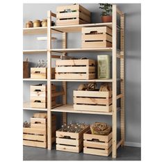 the shelves are filled with wooden boxes and containers for storage, including wine glasses or other items