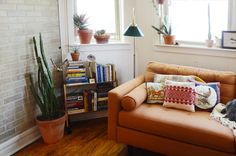 a living room filled with furniture and potted plants