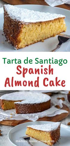 a close up of a cake on a plate with the words tarta de santiago spanish almond cake