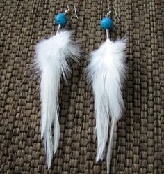 White Feather Earrings - White and Turquoise Beaded Feather Earrings - Turquoise Angel White Feather Dangle Earrings, Adjustable White Feather Jewelry, Beaded Feather Earrings, Beaded Feather, White Feather, Feather Jewelry, Earrings Turquoise, Earrings Simple, White Feathers