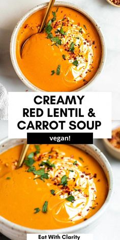 two bowls of creamy red lentil and carrot soup with garnish on top