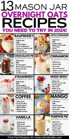 Text reads 13+ Mason Jar Overnight Oats Recipes You Need to Make in 2024! Mason Jar Overnight Oats, Overnight Oats With Milk, Berry Overnight Oats, Overnight Oat Recipes, Cinnamon Overnight Oats, Raspberry Overnight Oats, Overnight Oats Recipe Easy, Best Overnight Oats Recipe, Overnight Oats Recipes