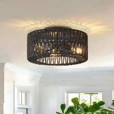 a light that is hanging from the ceiling in a room with white walls and plants