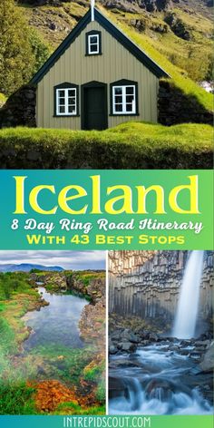 iceland with the words iceland on it and pictures of houses, waterfalls and mountains in the background