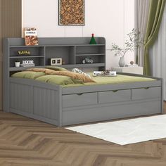 a bedroom with a bed, bookcase and dresser