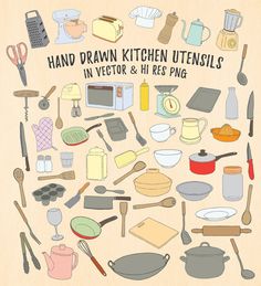 hand drawn kitchen utensils arranged in a circle with the words, hand drawn kitchen utensils