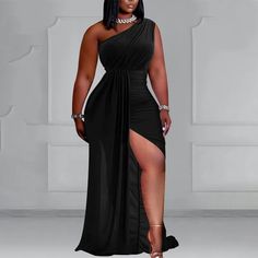 Plus Size Women Formal Elegant One Shoulder Pleated Evening Dress with High Slits Long Spring Summer Suit Type, Plus Size Formal, Dresses Formal Elegant, Style Formal, Black Party Dresses, Elegant Pattern, Women Formals, Spring Summer Dress, Middle Age