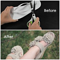 two pictures showing how to make crochet slippers with flowers on the bottom