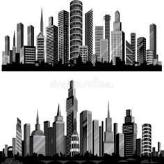 two black and white cityscapes with skyscrapers