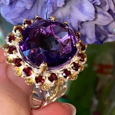 One Of A Kind Ring With Genuine 32 Ct Amethyst, Encrusted With Genuine Rhodolite, Quintessential British Style, Similar To The One That Adorned The Hand Of British Monarchy Family Member. 925 Sterling Silver, White Gold Overlay, 14k Yellow Gold Accents. Just Majestic, High Quality Ring! Brand New, Pristine Condition Luxury Round Amethyst Ring With Gemstone Accents, Luxury Amethyst Gemstones With Accent Stones, Luxury Amethyst Gemstones With Prong Setting, Formal Amethyst Gemstones With Gemstone Accents, Luxury Round Amethyst Gemstones, Formal Amethyst Gemstones With Accents, Exquisite Multi-stone Amethyst Ring For Anniversary, Exquisite Multi-stone Amethyst Anniversary Ring, Exquisite Amethyst Ring