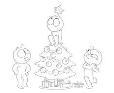 an adult cat standing next to two children near a christmas tree with presents on it