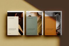 three brochures with different colors and shapes on the front, back and sides