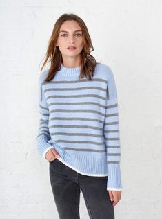 Marin Sweater – La Ligne Blue Cashmere Sweater With Ribbed Cuffs, Blue Cashmere Sweater With Ribbed Collar, Striped Cashmere Winter Sweater, Winter Striped Cashmere Sweater, Striped Cashmere Sweater For Winter, Casual Wool Sweater With Striped Cuffs, Fine Knit Light Blue Fall Sweater, Blue Winter Sweater With Striped Cuffs, Classic Light Blue Winter Sweater