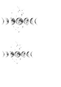 the phases of the moon are shown in this black and white photo, with stars coming out of them