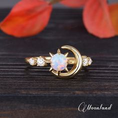 Unique Sun And Moon Ring Yellow Gold Opal Engagement Ring Vintage Celestial Ring Half Eternity Moissanite Ring Birthstone Ring Gift For Her Check the stud earrings: https://www.etsy.com/listing/1751746120/ Check the necklace: https://www.etsy.com/listing/1765953303/ 🌙 Product Details -Main Stone: High-quality Lab Opal, 5mm Round Cut -Side Stone: Moissanite, DEF Color, VVS-VS Clarity, 0.18ct Total -Ring Band: 1.5mm -Metal Choice: 925 Sterling Silver/10K/14K/18K Solid Gold (Rose, White, or Yellow Celestial Round Cut Jewelry With Halo, Celestial Jewelry With Halo Round Cut, Celestial Round Cut Promise Jewelry, Celestial Wedding Jewelry With Halo, Celestial Style Diamond Wedding Ring, Celestial Open Diamond Ring For Anniversary, Celestial Jewelry With Prong Setting As Gift, Celestial Style Stackable Rings For Anniversary, Celestial Style Open Diamond Ring For Anniversary