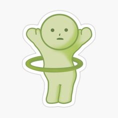 a green sticker with an emoticive character holding a hula hoop around it's neck