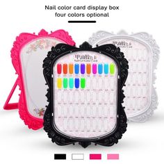 Description: This compact and durable color display chart is made of high-quality material, ensuring its longevity. With its 48-color capacity, it allows you to easily find and choose your desired nail polish shade by color. The nail color card is not only practical but also versatile. It features a dust-proof display board on both sides, making it ideal for showcasing finished nail samples in nail salons. Its small and exquisite design allows for easy placement on windows, shelves, or nail tabl Nail Samples, Nail Tables, Number Labels, Nail Salons, Display Board, Color Display, Nail Shop, Nails At Home, Nail Technician