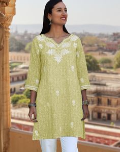 100% Cotton; Light weight and soft Printed tunic, will reach your mid to lower thigh (about 34 inches long); Full sleeves Delicate hand embroidery Average length of tunic : 33 inch Length of product may slightly vary as per the sizes. Please note: smaller size may be slightly shorter and bigger size may be slightly longer in length. All Regular and Plus Sizes available Machine wash cold; Delicate cycle; Use mesh; Line dry; Light Iron Please follow the Ayurvastram Sizing Chart Ayurvastram present Green Straight Kurta With Embroidered Neckline, Green Embroidered Neckline Straight Kurta Dress, Green Straight Kurta Dress With Embroidered Neckline, Traditional Green Kurta With Embroidered Neckline, Green Embroidered Straight Kurta Tunic, Embroidered Straight Kurta Tunic In Green, Embroidered Green Straight Kurta Tunic, Green Floral Embroidered Straight Kurta, Green Embroidered V-neck Kurta