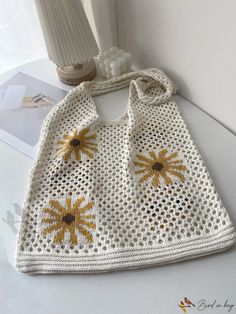 Bird in Bag - Daily Patterned Hollow-Out Knitted Single-Shoulder Tote Yellow Casual Crochet Bag For Spring, Casual Yellow Crochet Bag For Spring, Casual Knitted Shoulder Bag For Spring, Spring Beach Crochet Bag, Trendy Spring Crochet Bag, Knitted Shoulder Bag For Spring, Beach Crochet Knit Bag, Casual Crochet Knit Bag, Casual Knit Bags For Summer