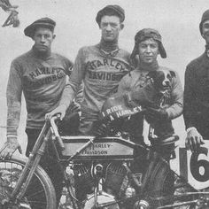 an old black and white photo of three men standing next to a motorcycle with the number six on it