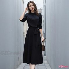 Qteee - Elegant Long-Sleeved Belted Dress Casual Half Sleeve Office Dresses, Black Stretch Midi Dress With Long Sleeves, Black Casual Midi Dress For Fall, Casual Black Midi Dress For Fall, Modest Black A-line Dress, Casual Black Midi Dress With Half Sleeves, Black Long Sleeve Midi Dress For Work, Black Modest Midi Dress, Casual Black Half-sleeve Dress