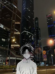 an anime character is standing in the middle of a city at night with skyscrapers behind him