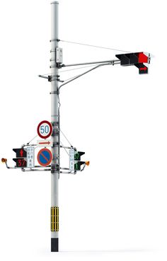 a traffic light pole with various street signs on it's sides and lights attached to the poles