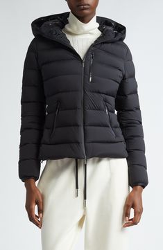 Emblematic of Moncler's Matte Black collection, this channel-quilted puffer jacket is packed with premium down and equipped with plenty of zip pockets. Two-way front-zip closure Fixed hood Vertical chest-zip pocket; front zip pockets Drawcord-toggle hem Lined, with down fill 85% polyamide, 15% elastane Dry clean Imported Designer Clothing Luxury Black Puffer Jacket With Zipper Closure, Luxury Black Puffer Jacket With Detachable Hood, Luxury Black Quilted Jacket, Luxury Black Down Puffer Jacket, Luxury Black Puffer Jacket With Double-lined Hood, Black Luxury Puffer Jacket With Double-lined Hood, Luxury Black Duck Down Outerwear, Luxury Black Quilted Puffer Jacket, Black Luxury Quilted Puffer Jacket