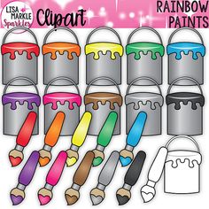 rainbow paint buckets clipart set with brushes and crayon paints on them