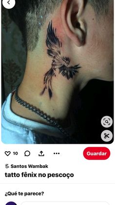 the back of a man's neck with a tattoo on it, and an image of a bird