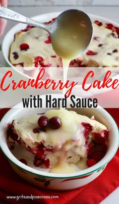 cranberry cake with hard sauce in a white bowl on top of a red cloth