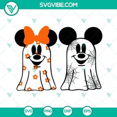 two mickey and minnie mouse heads with spider webs on them, both wearing orange bows