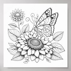 a black and white drawing of a sunflower with butterflies on it's wings