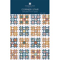 the corner star quilt pattern is shown in blue, orange and white colors with stars on it