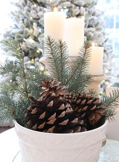 a white pot filled with pine cones on top of a table next to a christmas tree