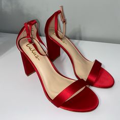 Size:11 Color:Red Material:Satin Great Condition, Never Worn Quince Heels Red, Quinceanera Shoes Red, Red Block Heel Evening Heels, Red Ankle Strap Heels For Evening, Red Round Toe Heels For Prom, Red Closed Toe Heels For Prom, Red Open Toe Heels For Prom, Red High Heel Heels For Prom, Red High Heels For Prom