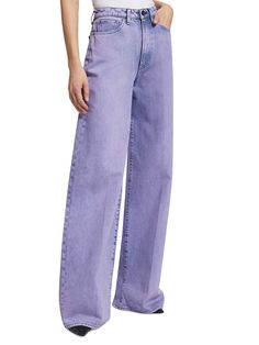 "Find 3X1 Flip Wide-leg Jeans on Editorialist. Cut in a wide-leg silhouette, 3x1's high-waisted Flip jeans offer a pleated construction and an acid wash. Belt loops Zip fly and button closure Five-pocket style 100% cotton Machine wash Made in Italy SIZE & FIT Rise, about 35.75\" Inseam, about 23.25\" Leg opening, about 12.25\" Model measurements: 5'10\" tall Model is wearing a US size 4. 3x1. Color: Random Bleach Lavender. Size: 26." Purple Relaxed Fit Straight Leg Jeans, Lavender Wide Leg Cotton Bottoms, Trendy Lavender Wide Leg Pants, Trendy Lavender Wide-leg Pants, Lavender Straight Leg Bottoms, High-waist Lavender Pants For Spring, Lavender Wide Leg Bottoms For Summer, Lavender Wide-leg Bottoms For Summer, Spring Purple Jeans With Relaxed Fit