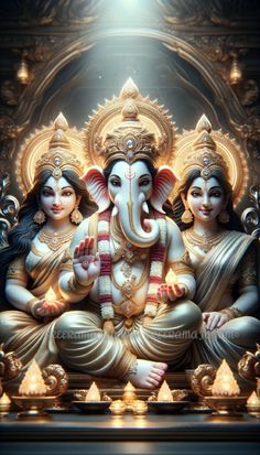 three statues of lord ganesh and goddess in front of a light shining down on them