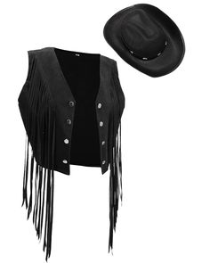 PRICES MAY VARY. Western Cowgirl Costume Set: the set of cow girl costume for women includes 1 piece fringe top for women western and 1 piece cowgirl hat, which can meet most people's preferences and decorative needs, a nice combination for cowgirls Western Theme: the fringe vest for women hippie features classic western cowboy hippie style, with faux suede tassels on the front and rivets decorated, stylish and cool; The cowboy hat with strap and rivets also will add a cool and different touch t Western Cowgirl Costume, Cowgirl Costume For Women, Felt Cowgirl Hat, Tassel Jacket, Cowboy Costume, Cowgirl Costume, Fringe Vest, 70s Hippie