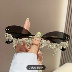 Black And Silver Teardrop’s Sunglasses, New Rhinestone Sunglasses, Flash Tattoos, Rimless Frames, Luxury Diamonds, Rimless Sunglasses, Eyewear Womens, Ear Cuffs, Retro Sunglasses, Small Frame