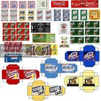 an assortment of different types of sodas and cans with labels for each type of beverage